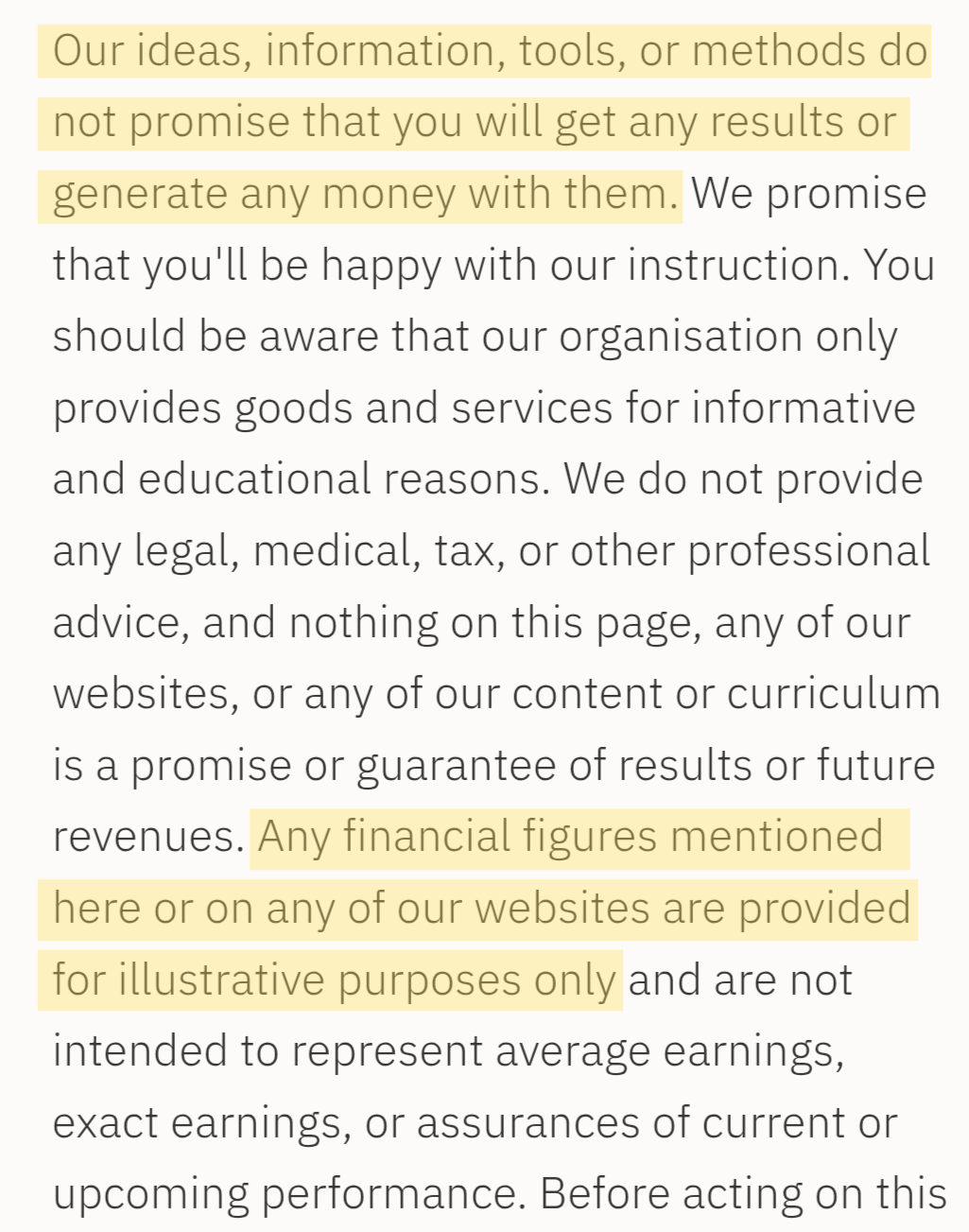 Real disclaimer pulled from a competing Indian dropshipping course, brand redacted (3 of 4)